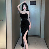 2025 Summer Women's Sexy Temperament ceremonial dress Wrapped Chest backless High Split Velvet Wrapped Hip Red Long Dress FQ4B